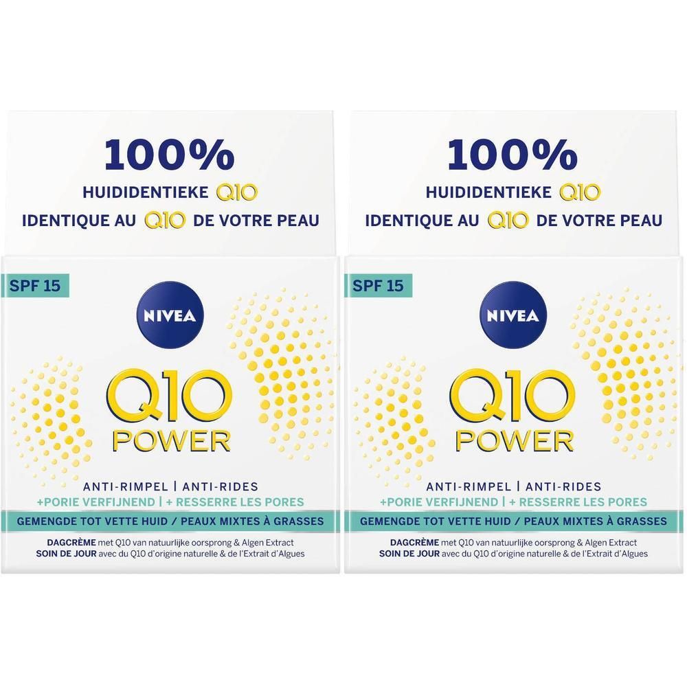 Deux boîtes carrées de Nivea Q10 Power. Inscription : Anti-rides, affine les pores, SPF 15. Marque bleue avec texte jaune.
