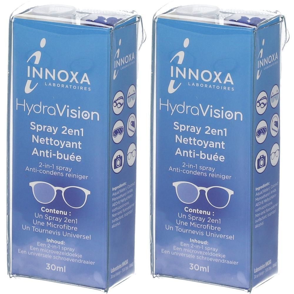 Deux boîtes bleues HydraVision Spray 2en1 Anti-buée. Contenu : spray, microfibre, tournevis universel. Marque INNOXA.