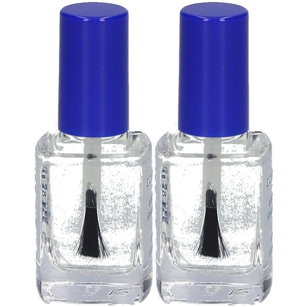 Deux flacons de vernis à ongles transparents avec bouchons bleus. Chaque flacon a un pinceau.
