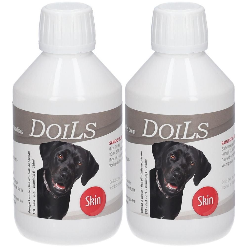 Twee witte flessen met schroefdop. Opschrift DOILS, met zwarte hond. Rode cirkel: Skin. Etiket met informatie.