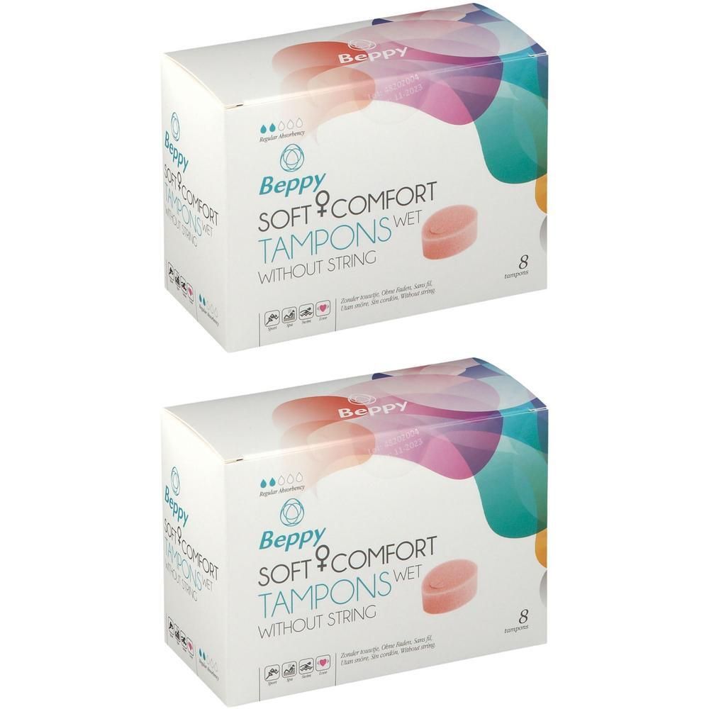 Twee dozen Beppy Soft+Comfort Tampons Wet zonder touwtje. Opschriften: merk, productnaam, 8 stuks.