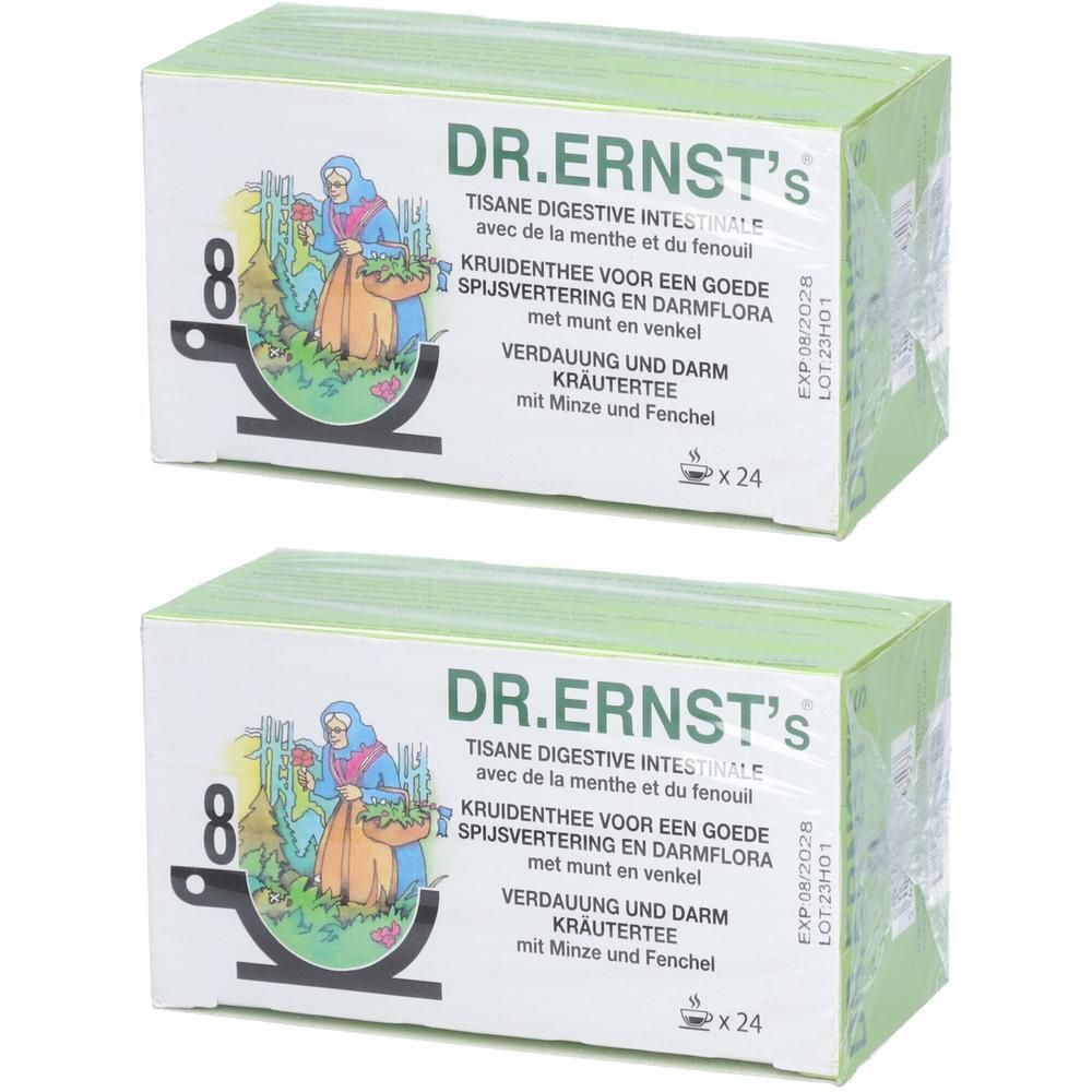Twee groene dozen met de tekst DR. ERNST'S. Tekst: kruidenthee, spijsvertering, munt en venkel. Illustratie van een persoon.