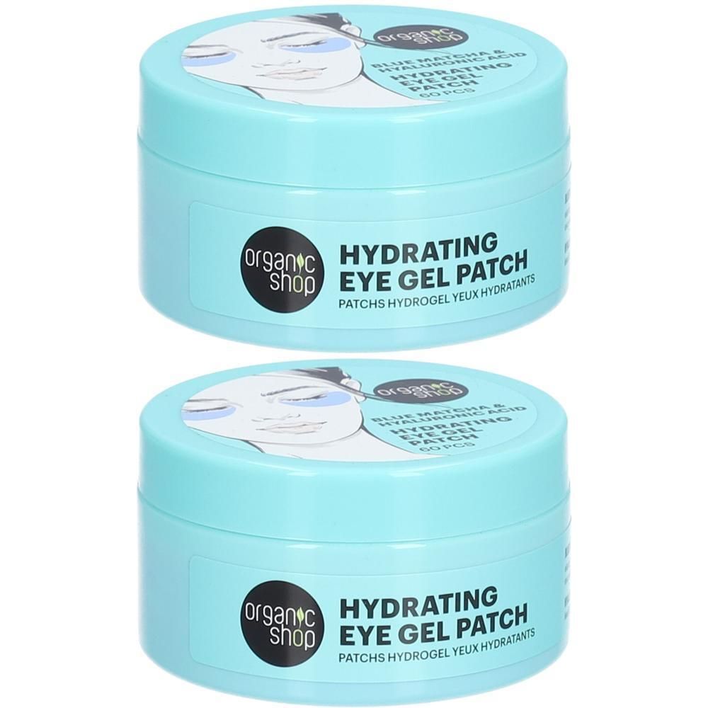 Deux pots bleus avec logo "Organic Shop" et inscription "Hydrating Eye Gel Patch". Couvercles avec illustration de visage.