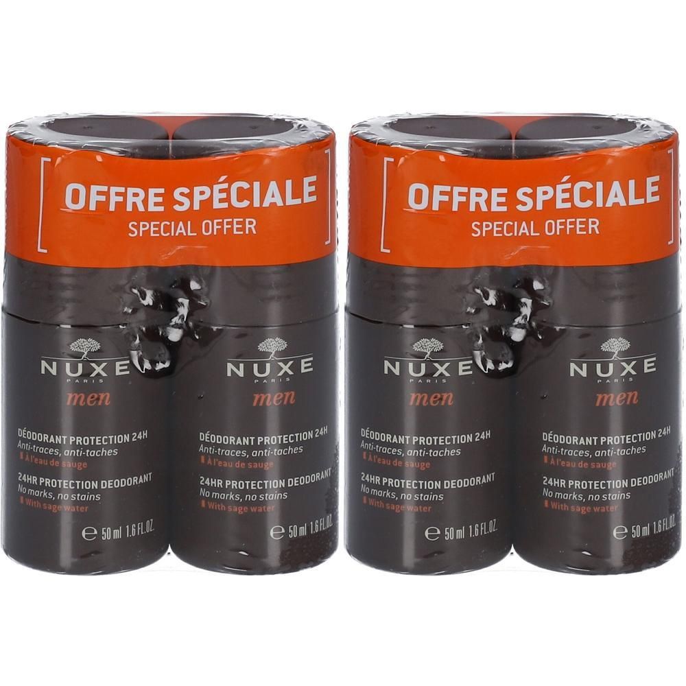Twee deodorantverpakkingen. Opschrift: NUXE men, 24H Protection Deodorant. Oranje label met "Offre Spéciale".