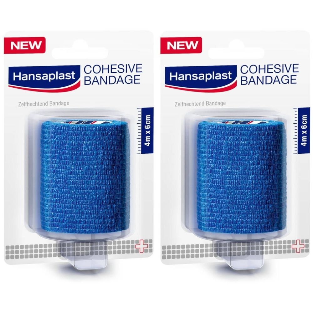 Twee verpakkingen Hansaplast zelfklevend verband. Blauw verband, 4m x 6cm. Opschrift: COHESIVE BANDAGE.