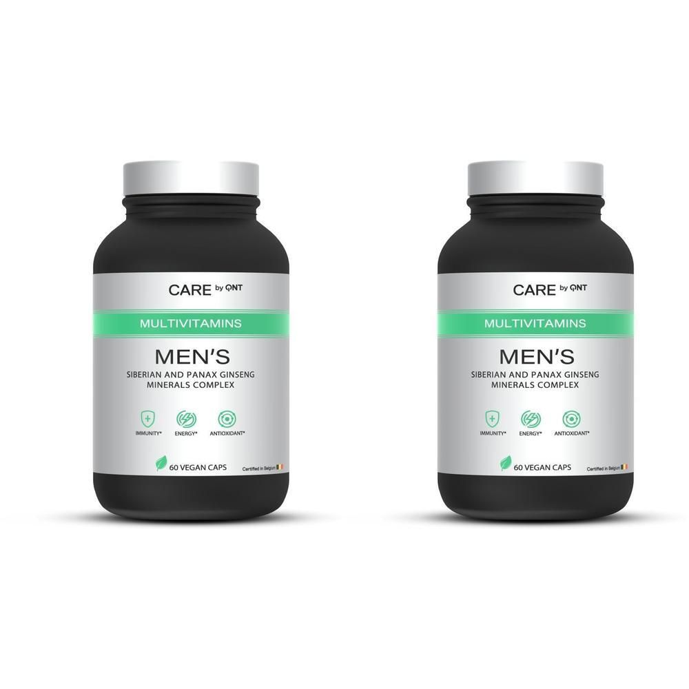 Twee zwarte flessen met witte doppen. Op het etiket staat "CARE by QNT Multivitamins Men's".