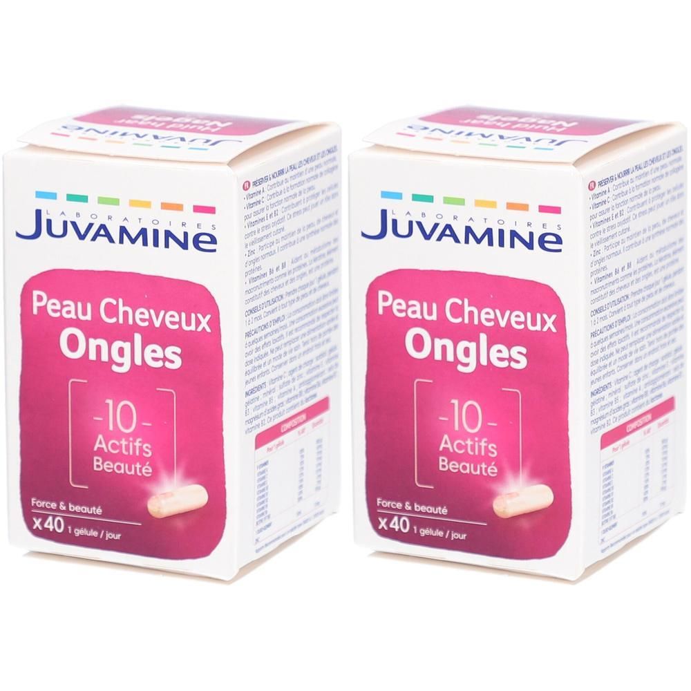 Twee dozen Juvamine. Opschrift: Peau Cheveux Ongles, 10 Actifs Beauté, x40. Een capsule afgebeeld.