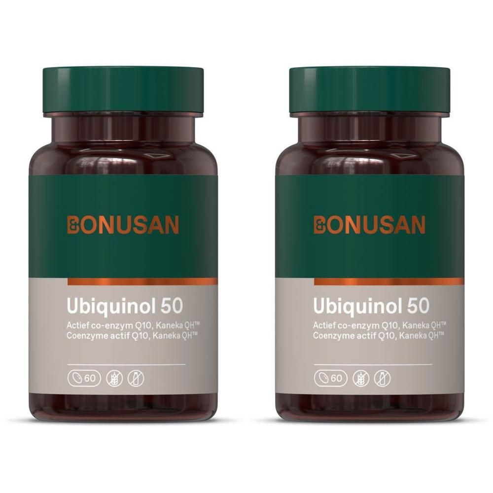 Twee flessen met groen etiket. Opschrift: BONUSAN, Ubiquinol 50. Bevat 60 capsules. Bruine flessen, groene doppen.
