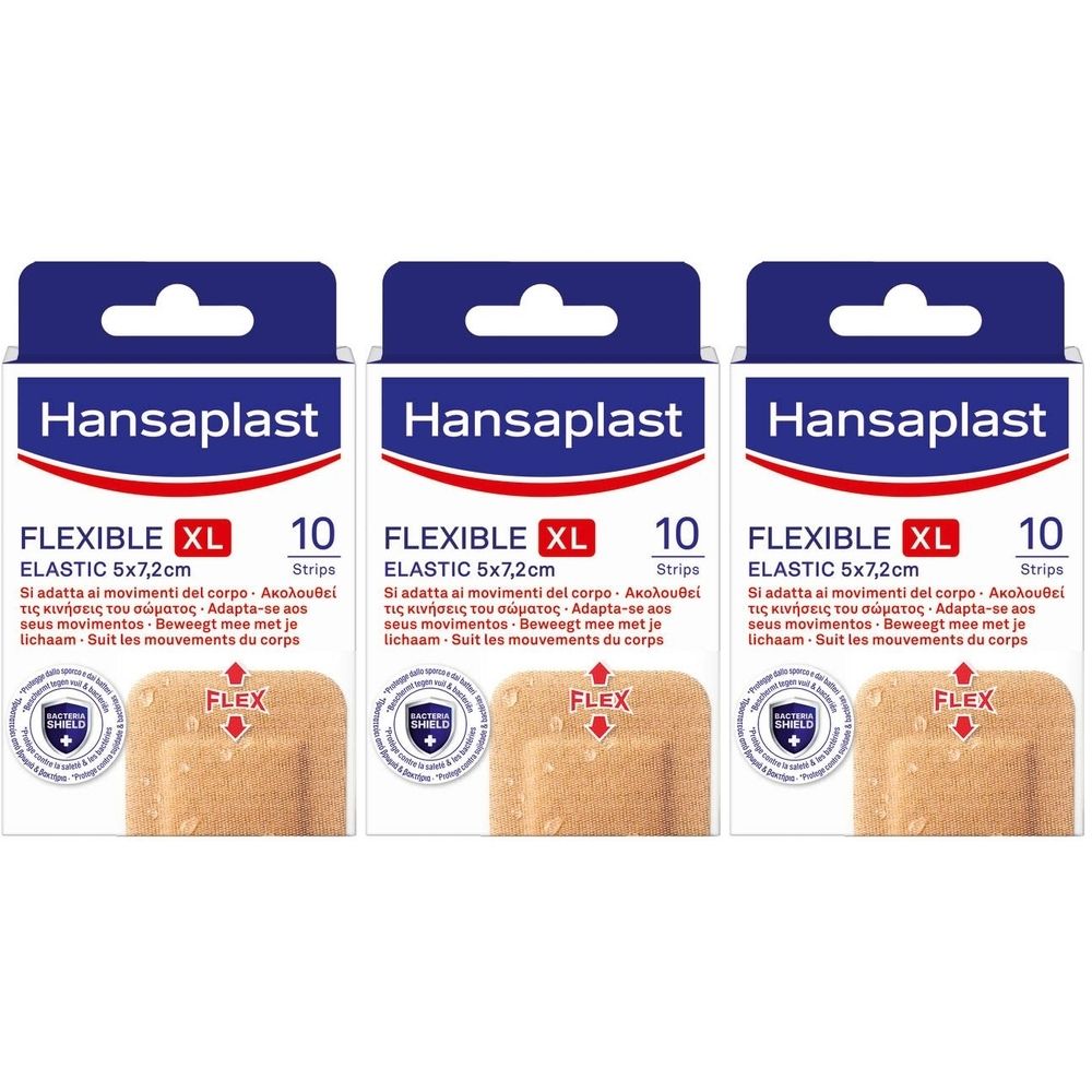 Trois boîtes de pansements Hansaplast Flexible XL. Chaque boîte contient 10 pansements de 5x7,2 cm. Emballage bleu avec informations.