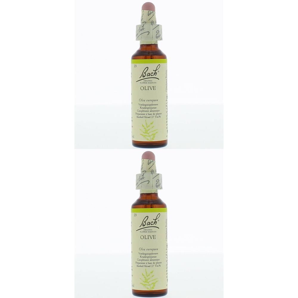 Twee bruine glazen flesjes met etiket en roze dop. Opschrift: Bach Olive.