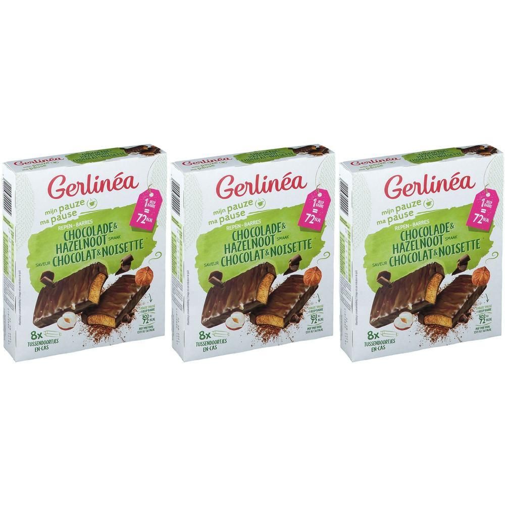 Drie dozen Gerlinéa Ma Pause Barres. Op elke doos staat « Chocolade Hazelnoot Chocolat Noisette ». Elke doos heeft een label met « 72 ».
