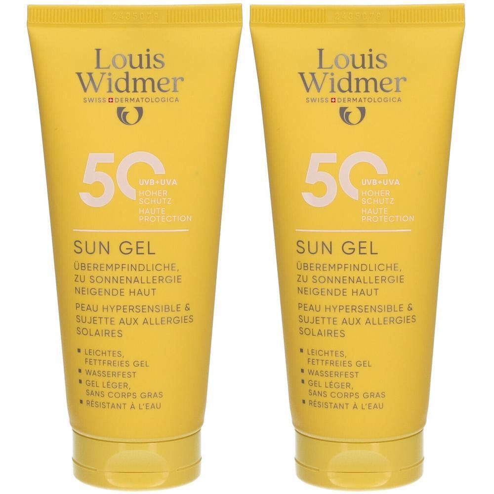 Deux tubes jaunes de Louis Widmer Sun Gel SPF50. Inscription: 50, Sun Gel, pour peaux allergiques au soleil. Avec bouchon jaune.