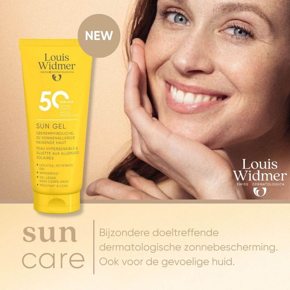 Gele tube Louis Widmer Sun Gel SPF50. "Nieuw Design" en "Beproefde Formule" op bruine cirkel.