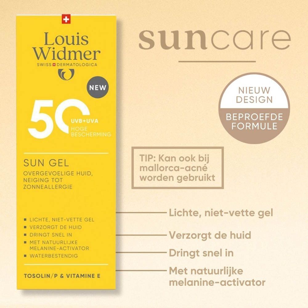 Gele tube Louis Widmer Sun Gel SPF50. "Nieuw" en "Sun care". "Tip: Kan ook bij mallorca-acné gebruikt worden".