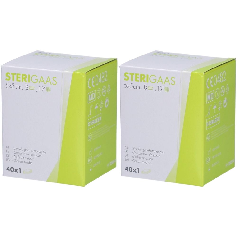 Twee dozen met STERIGAAAS, 5x5cm, 8, 17. Opschrift 40x1. Groen-witte verpakking.