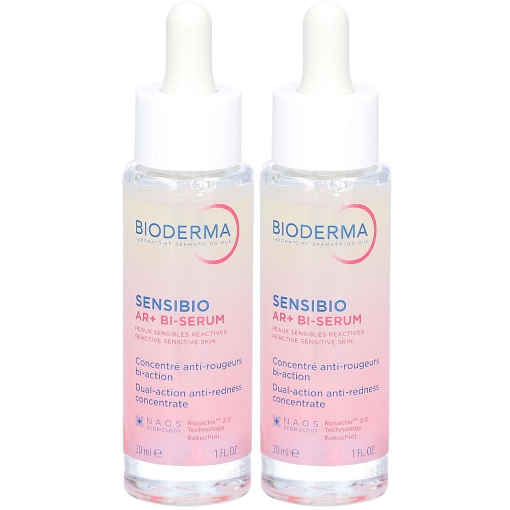Twee flessen Bioderma Sensibio AR+ Bi-Sérum. Roze etiket, witte dop met pipet. Tekst: Sensibio AR+ Bi-Sérum, 30ml, 1 FL.OZ.