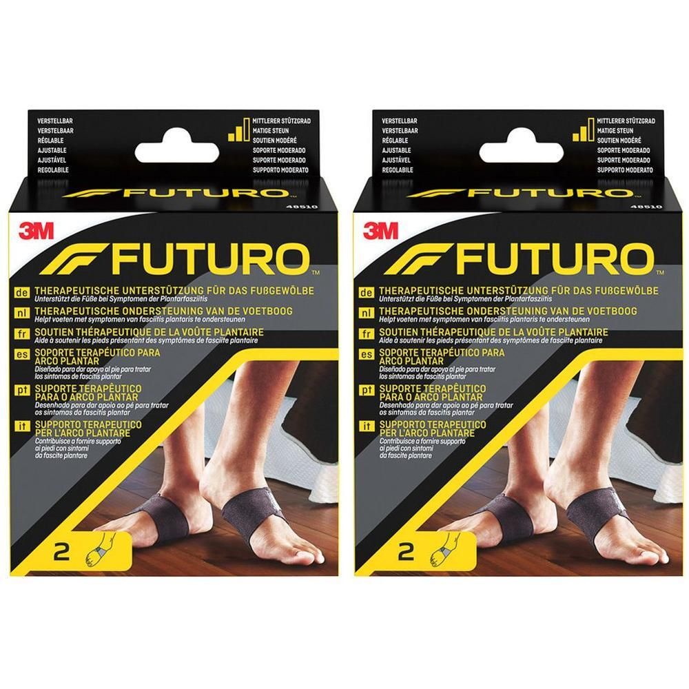 Deux boîtes de FUTURO™ Soutien Thérapeutique de la Voûte Plantaire. Bandages noirs, illustrés sur l'emballage. Texte : Soutien thérapeutique.