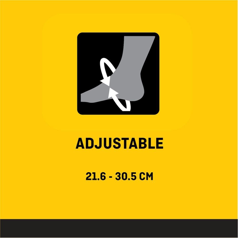 Geel veld met tekst: ADJUSTABLE (Verstelbaar). Maat: 21.6 - 30.5 CM. Illustratie van een voet.