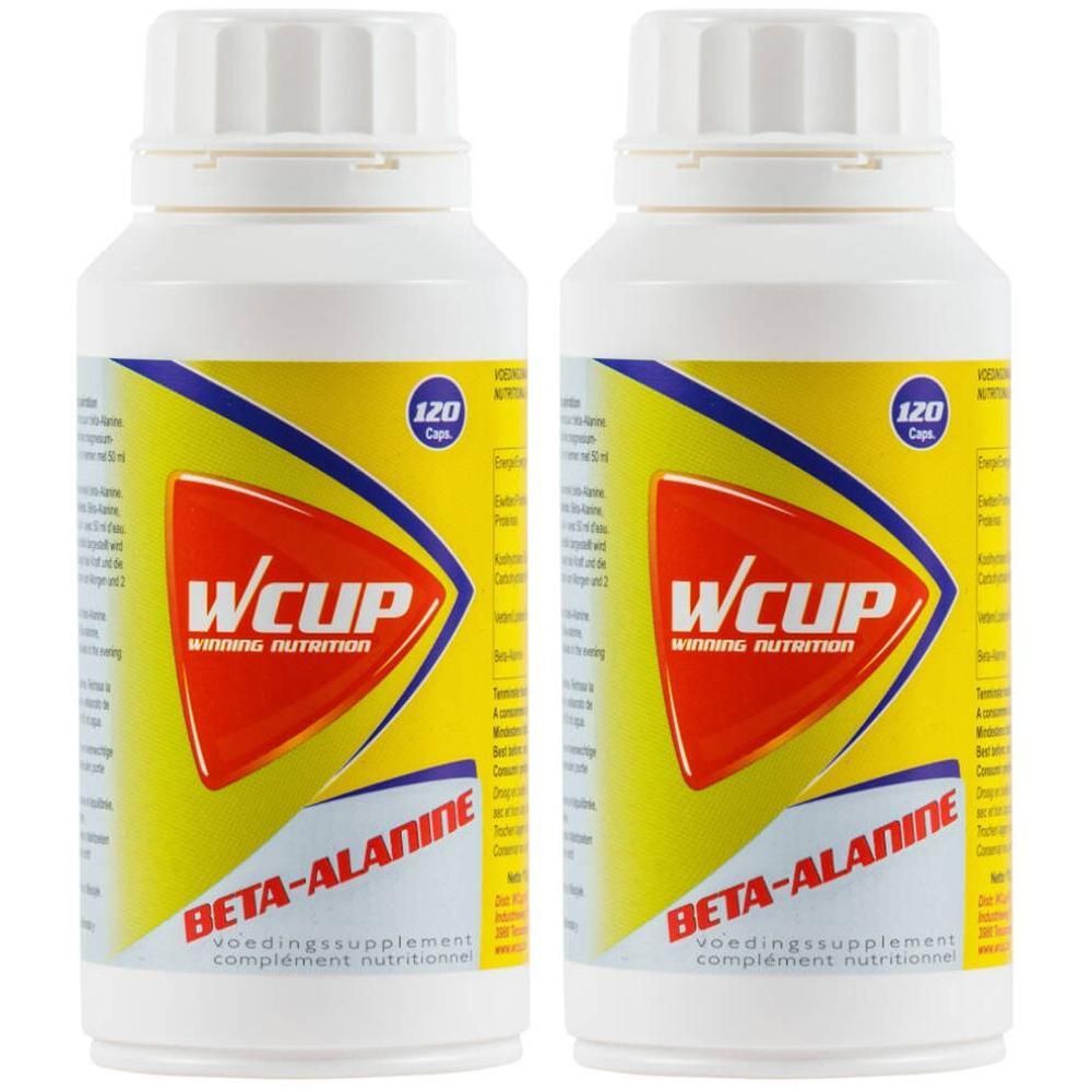 Twee witte flessen met geel-rood etiket. Opschrift: WCUP, Beta-Alanine, 120 capsules. Voedingssupplement.