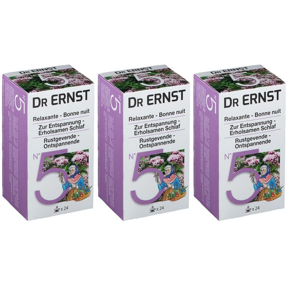 Trois boîtes rectangulaires. Sur chacune, "DR ERNST" et "5". Texte en allemand, français et néerlandais. Violet et blanc.