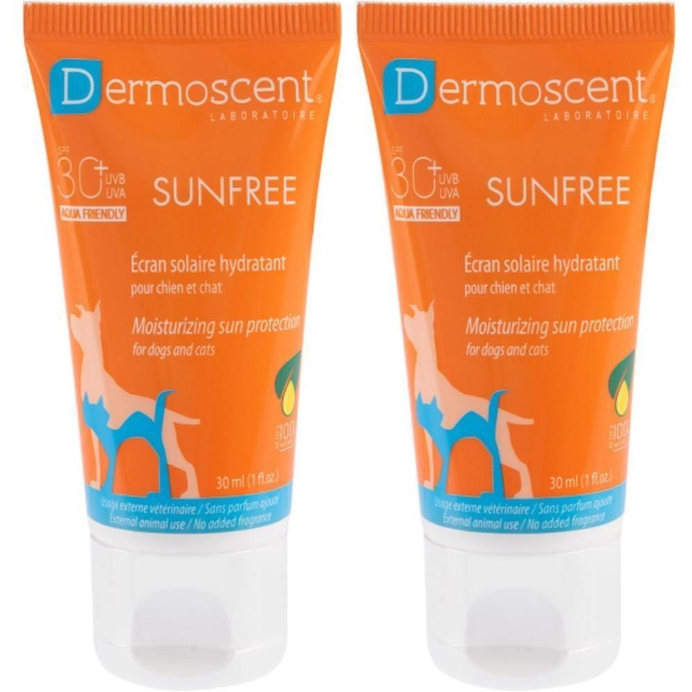 Deux tubes de Dermoscent Sunfree. Tubes orange avec bouchon blanc. Texte : Écran solaire hydratant pour chien et chat.