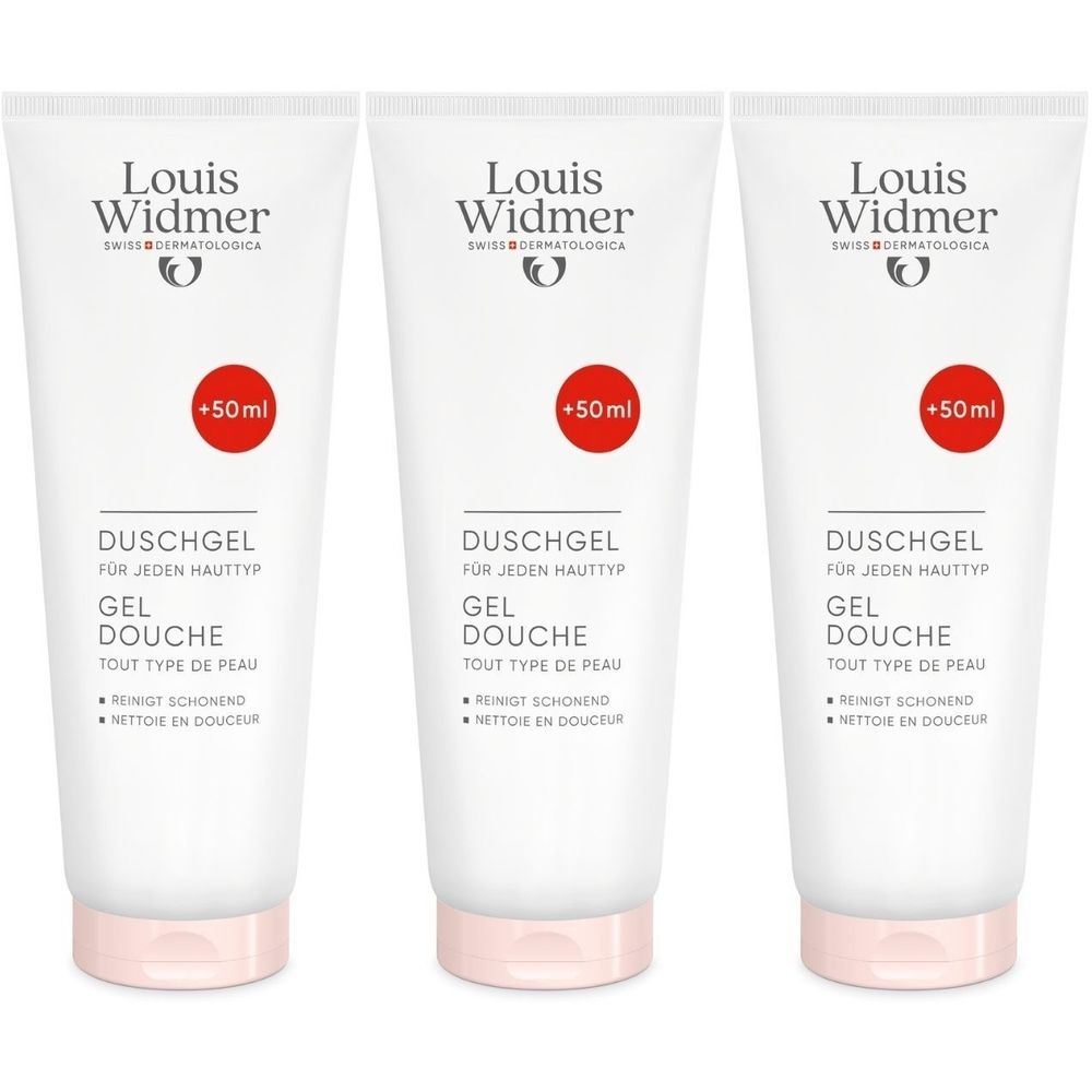 Trois tubes de gel douche blancs avec bouchon rose. Inscription: Louis Widmer, +50ml. Pour tous types de peau.