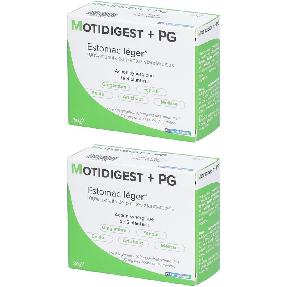 Twee witte dozen met groene accenten. Opschrift: MOTIDIGEST + PG, Estomac léger, 100% extracten van gestandaardiseerde planten. 30 tabletten.