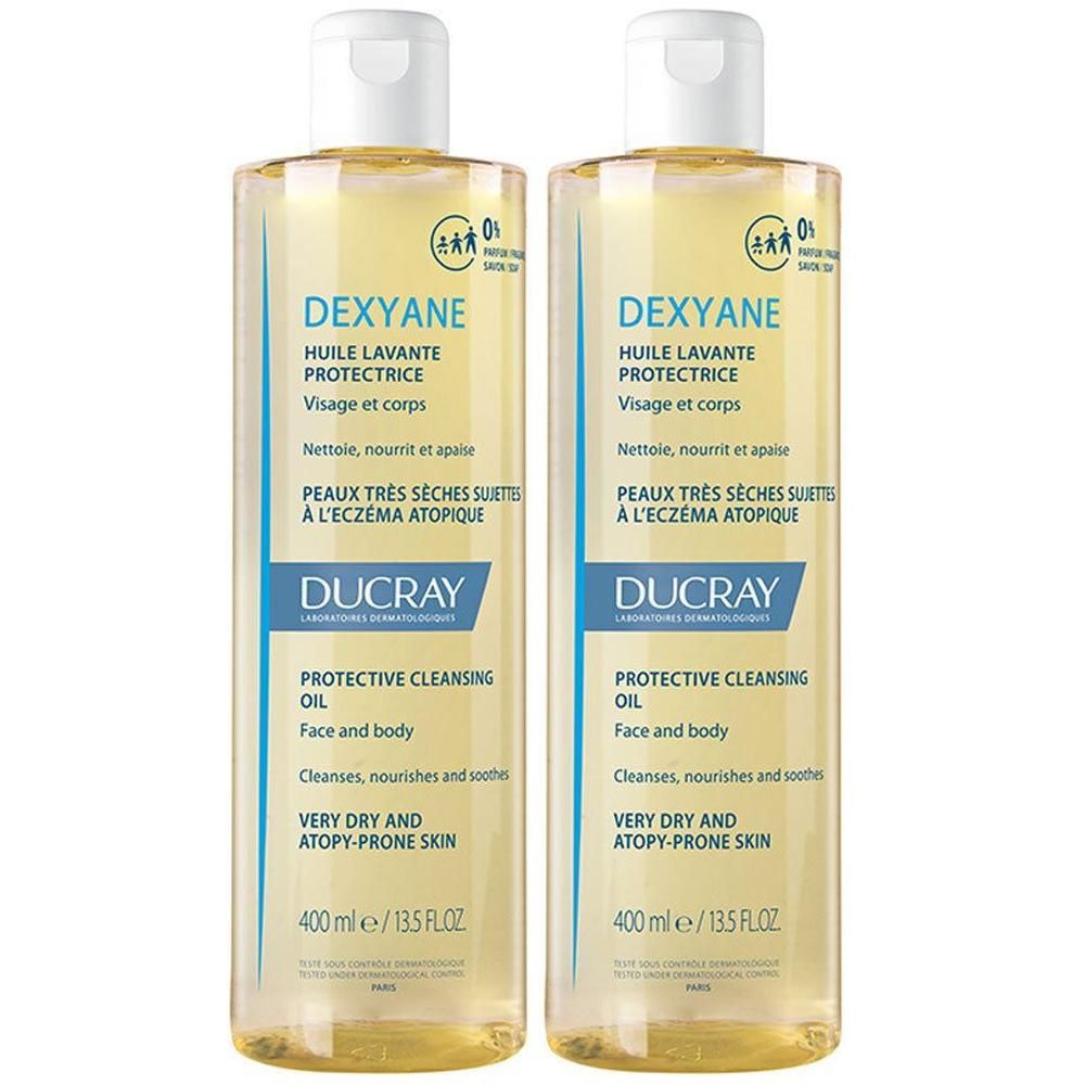 Twee flessen Dexyane Huile Lavante Protectrice. Opschrift: Protective Cleansing Oil, voor gezicht en lichaam, voor een zeer droge huid.