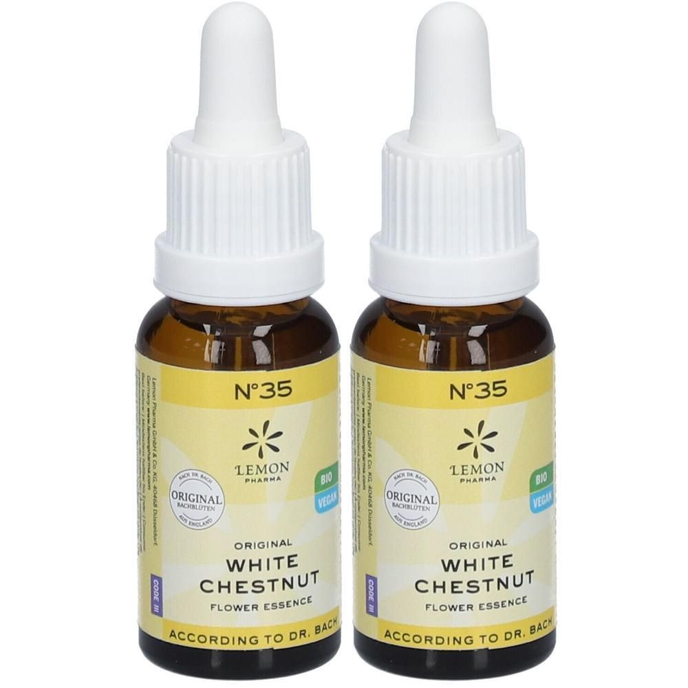 Twee bruine glazen flesjes met witte doppen. Labels met "N°35", "White Chestnut" en "Lemon Pharma".