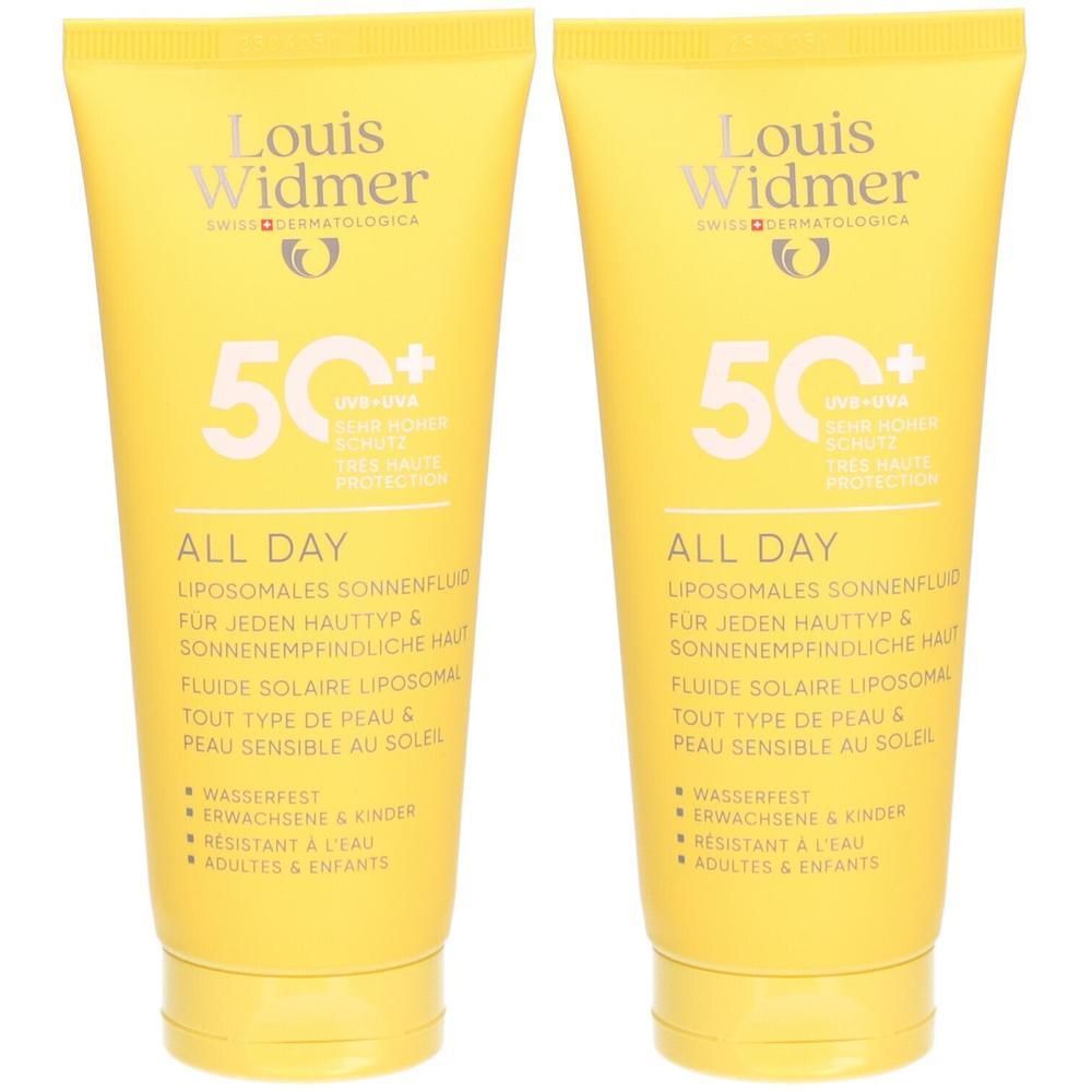Twee gele tubes Louis Widmer All Day 50+ zonnebrandcrème. Opschrift: 50+, All Day, UV-A/UV-B bescherming, waterbestendig, voor gevoelige huid.