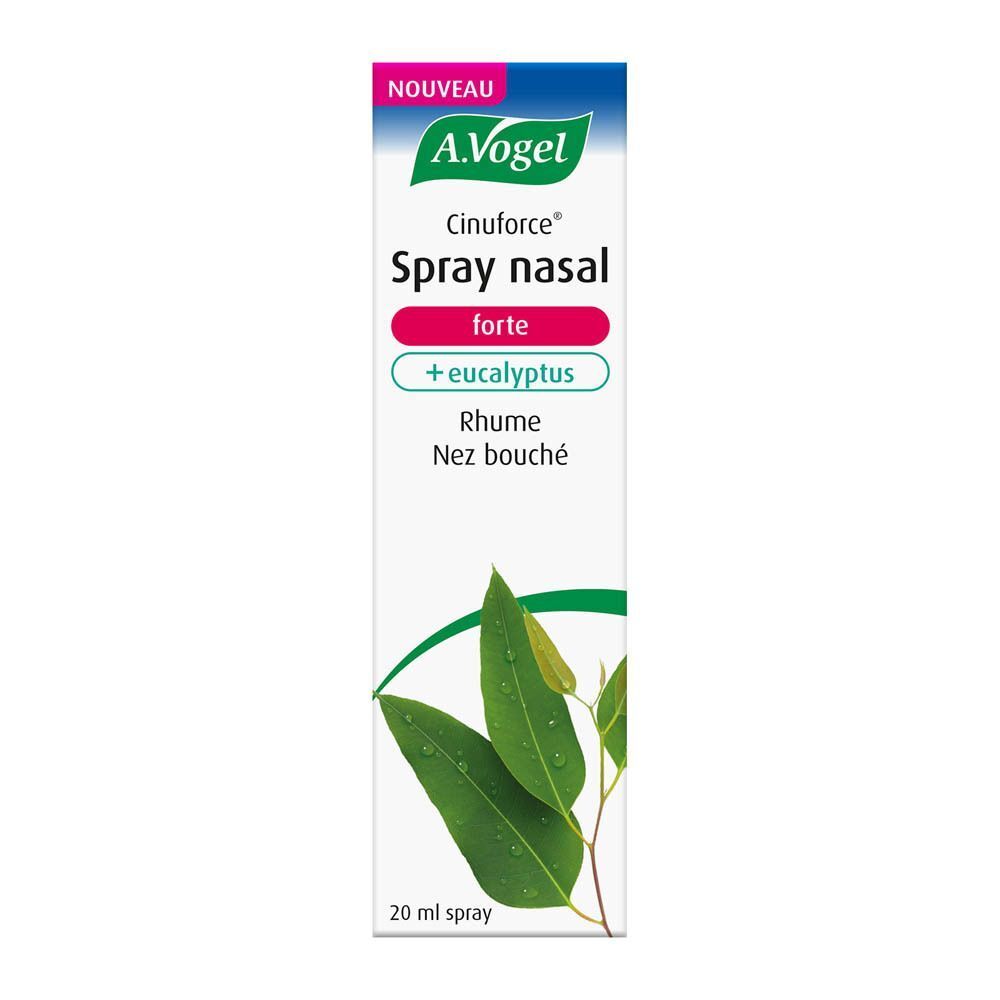 Emballage avec inscription : A.Vogel Cinuforce Spray nasal forte + eucalyptus. Illustration de feuilles. Texte : Rhume, Nez bouché.