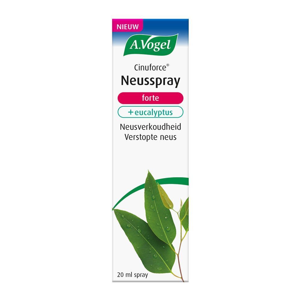 Verpakking met opschrift: A.Vogel Cinuforce Neusspray forte + eucalyptus. Afbeelding van bladeren. Tekst: Neusverkoudheid, Verstopte neus.