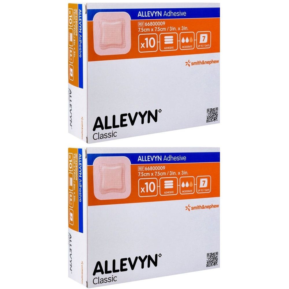 Twee dozen Allevyn Classic. Op elke doos: verband, afmeting 7,5 x 7,5 cm, x10. Merk Smith & Nephew.