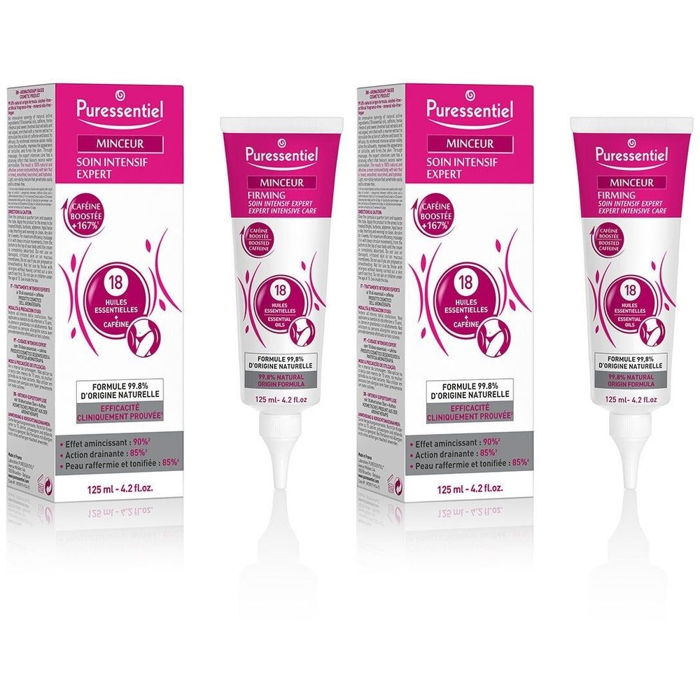 Plusieurs tubes et boîtes. Inscription : Puressentiel, Minceur Soin Intensif Expert. Contient 18 huiles essentielles.