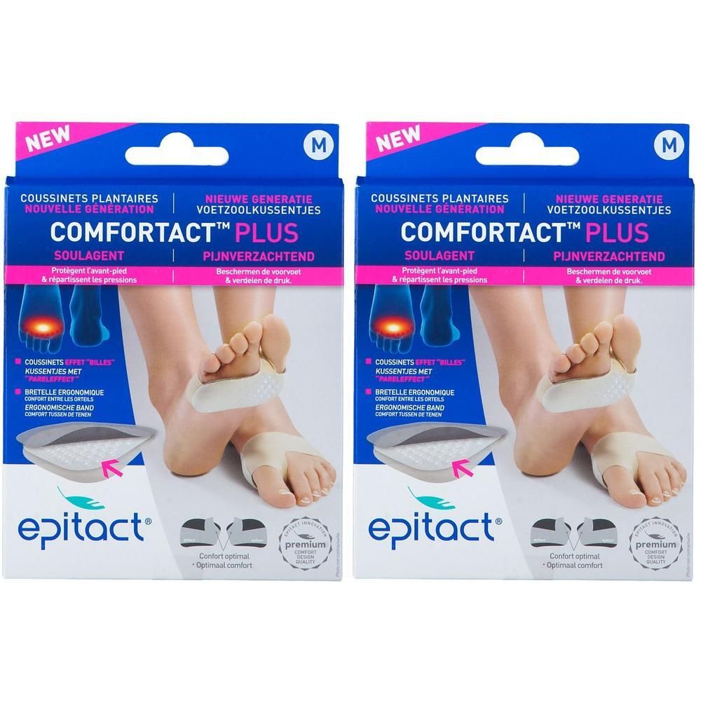 Twee verpakkingen Epitact Comfortact Plus. Blauwe verpakking met productafbeelding en voeten. Tekst: Comfortact Plus, Epitact.