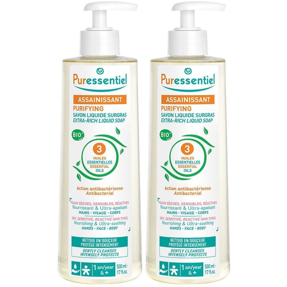 Deux flacons de savon liquide avec pompe. Inscription : Puressentiel, Assainissant, Bio. Contient 3 huiles essentielles.