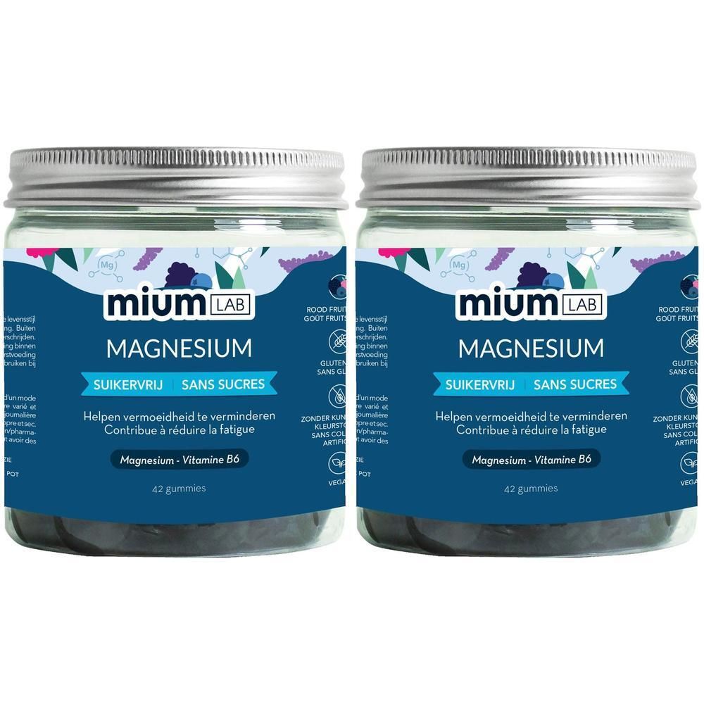 Deux pots de MiumLab Magnésium. Étiquettes bleues avec texte blanc. Inscription: Magnésium, sans sucres. Contient 42 gommes.