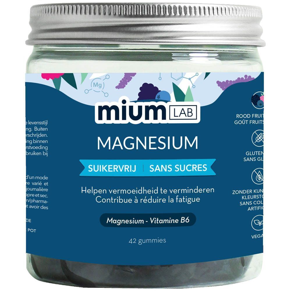 Een pot MiumLab Magnesium. Blauw etiket met witte tekst. Opschrift: Magnesium, suikervrij. Bevat 42 gummies.