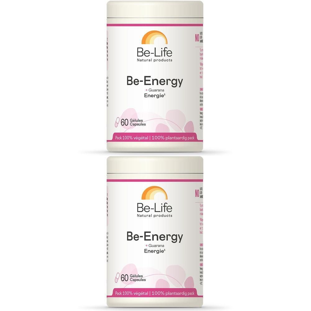 Deux boîtes blanches avec l'inscription "Be-Energy". Inscription : "60 gélules".