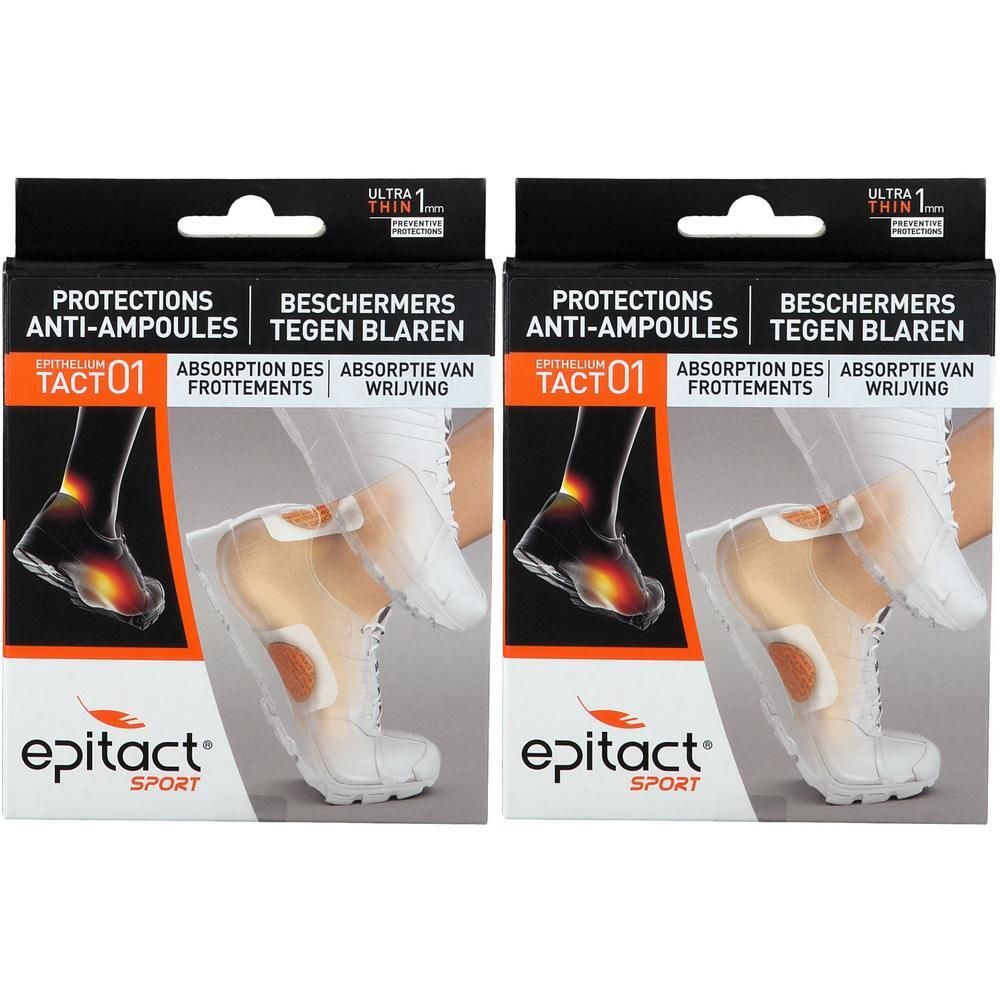Twee verpakkingen Epitact® Sport anti-blaren beschermers. Zwarte verpakking met productafbeelding en tekst. Merk en productnaam duidelijk zichtbaar.