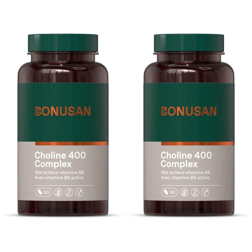 Deux flacons bruns avec étiquette verte. L'étiquette indique "BONUSAN", "Choline 400 Complex" et "90".