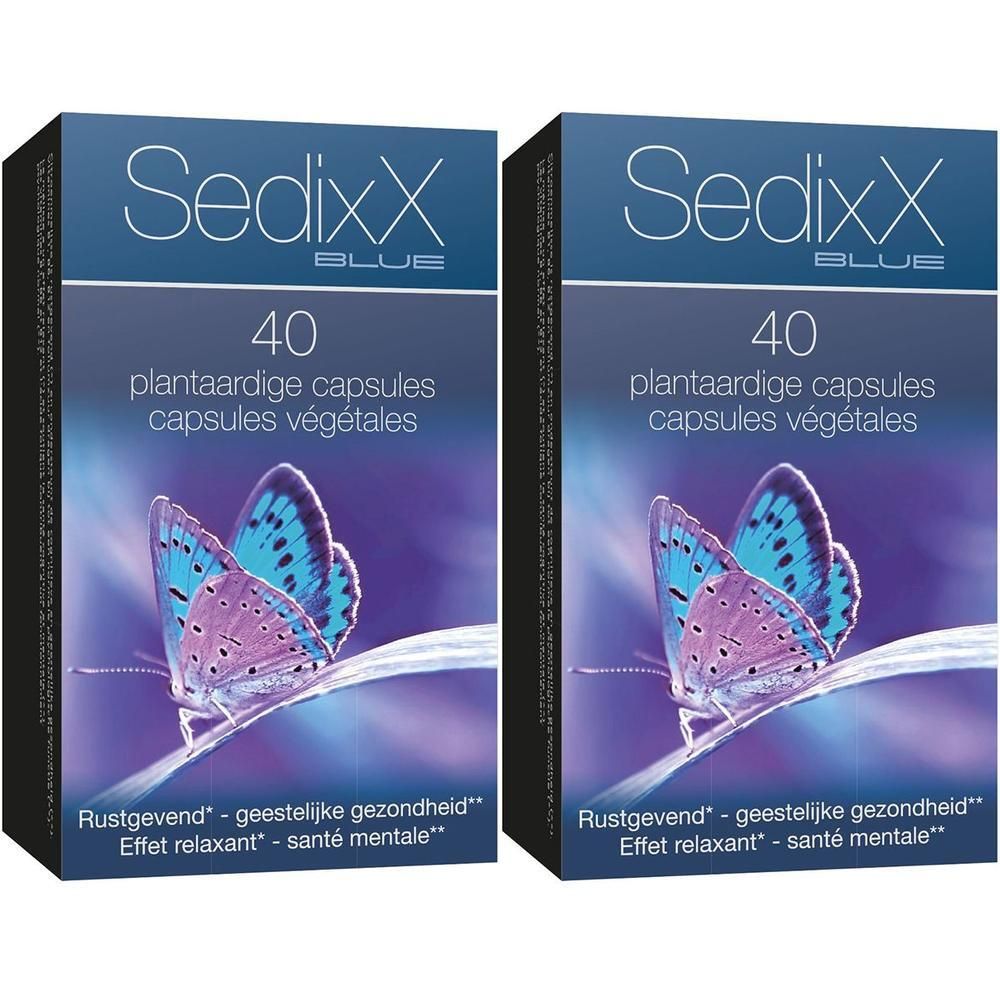 Deux boîtes de SedixX BLUE. Inscription : 40 gélules végétales. Image d'un papillon. Texte : Relaxant - santé mentale.