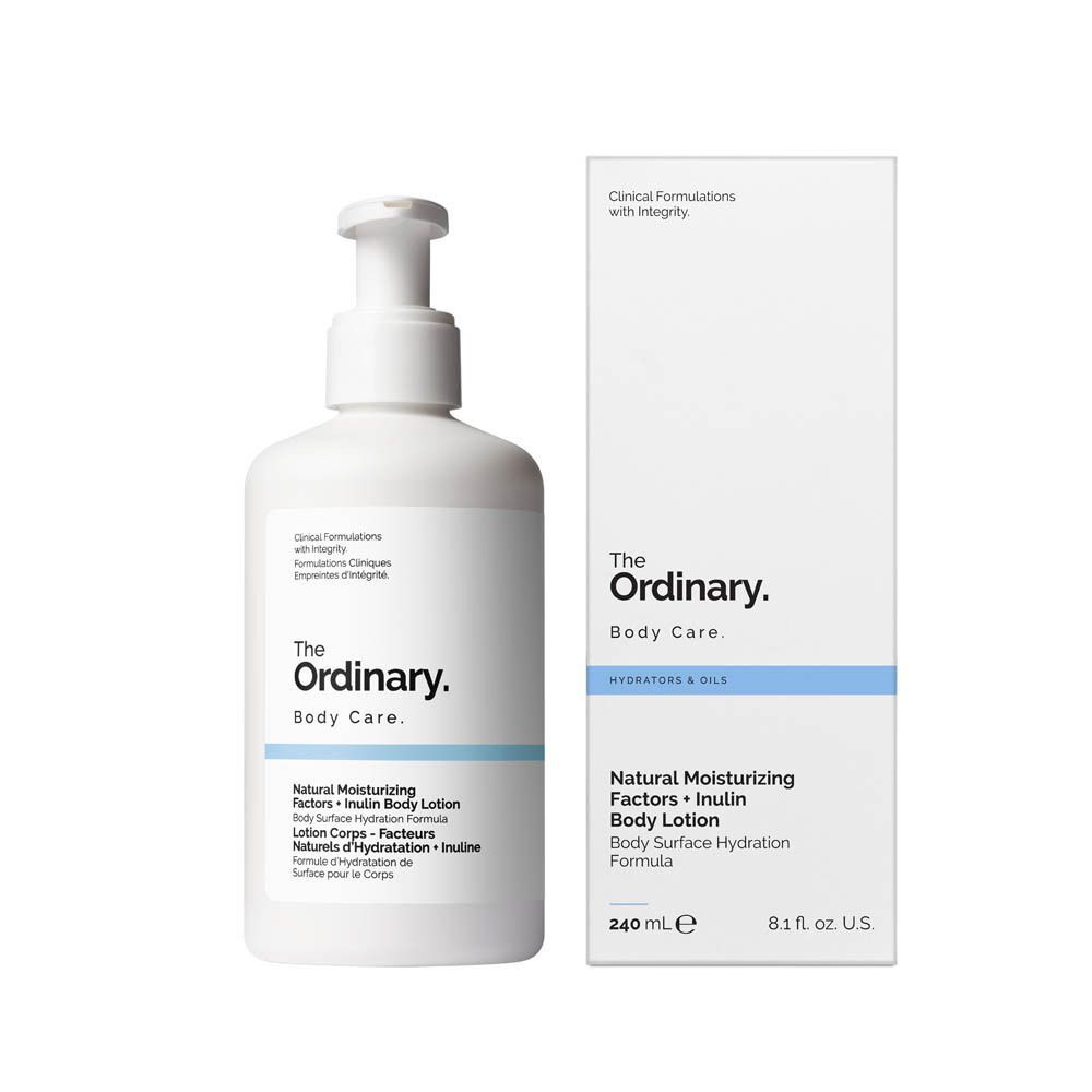 Flacon blanc et emballage. Inscription : The Ordinary, Body Care, Natural Moisturizing Factors + Inulin Body Lotion. 240 mL.
