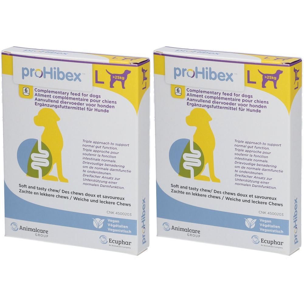 Deux boîtes Prohibex L. Design jaune et blanc avec informations produit et chien stylisé. Certification végan.