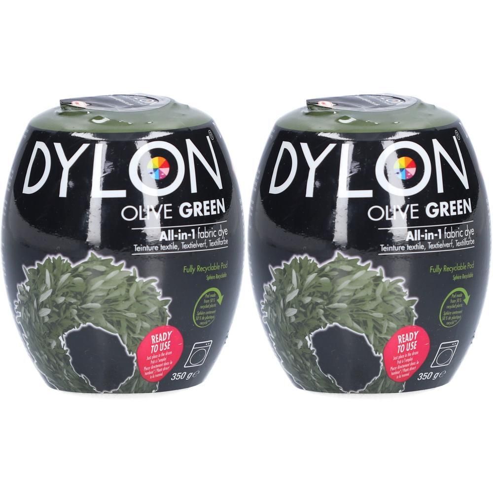 Twee ovale containers met Dylon Olive Green textielverf. Zwarte verpakking met witte tekst. Opschrift: All-in-1 fabric dye. 350g.