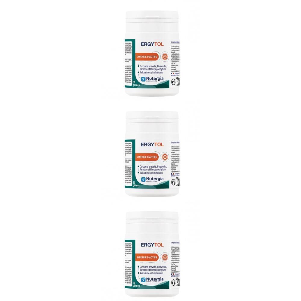 Drie witte flessen met het label "ERGYTOL". Merk: "Nutergia".
