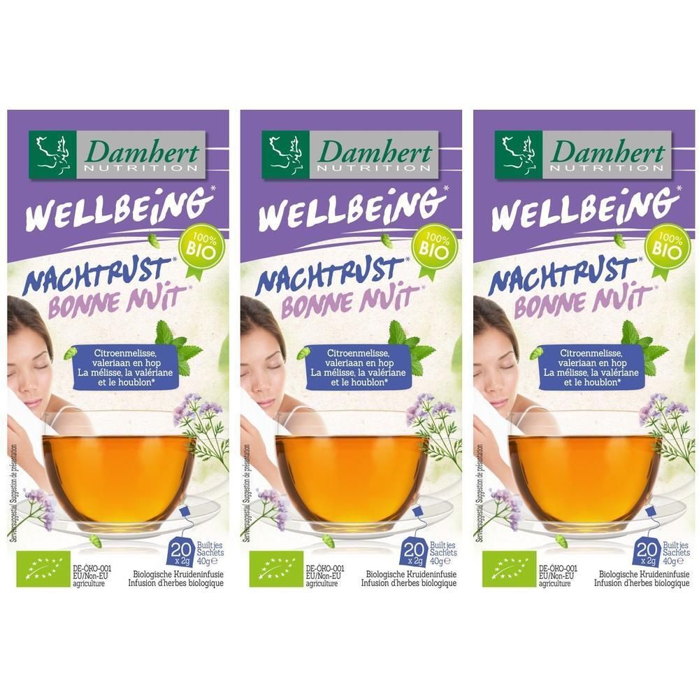 Trois boîtes de Damhert Tea Time Bonne Nuit. Emballage violet avec texte et image d'une femme. 20 sachets, label bio.