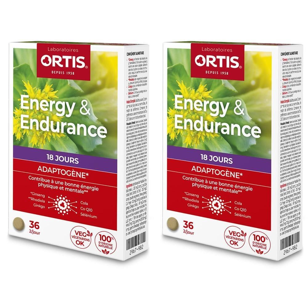 Twee dozen Ortis Energy & Endurance. Opschrift: Energy & Endurance, 18 JOURS, Adaptogène. Met keurmerken.