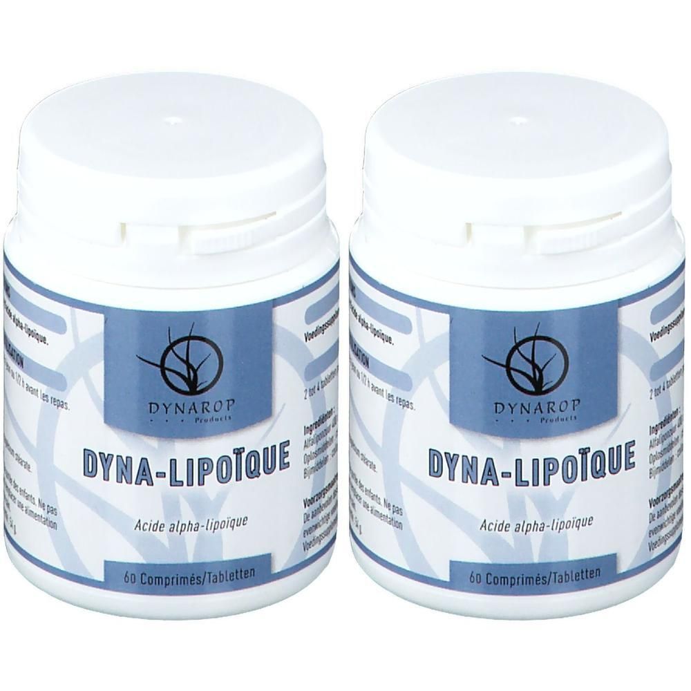 Deux flacons blancs avec étiquette bleue. Inscription: DYNA-LIPOTQUE, Acide alpha-lipoique, 60 Comprimés/Tabletten. Marque: Dynarot.