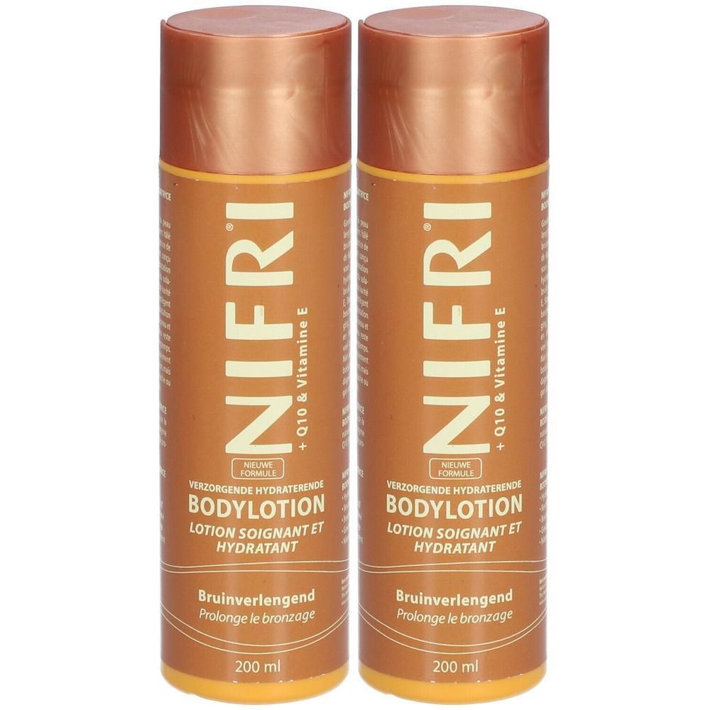 Twee bruine flessen met gouden doppen. Opschrift: NIFRI, Bodylotion, +Q10 & Vitamine E, 200 ml. Verlengt de bruine kleur.